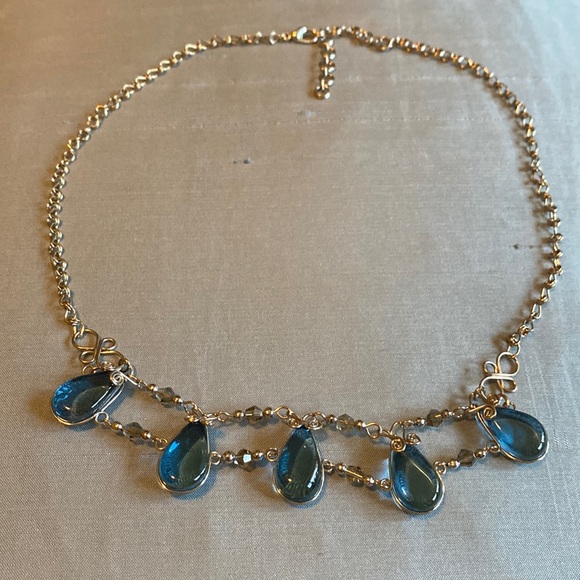 Blue Glass Teardrop and Silver Tone Necklace - Picture 1 of 4